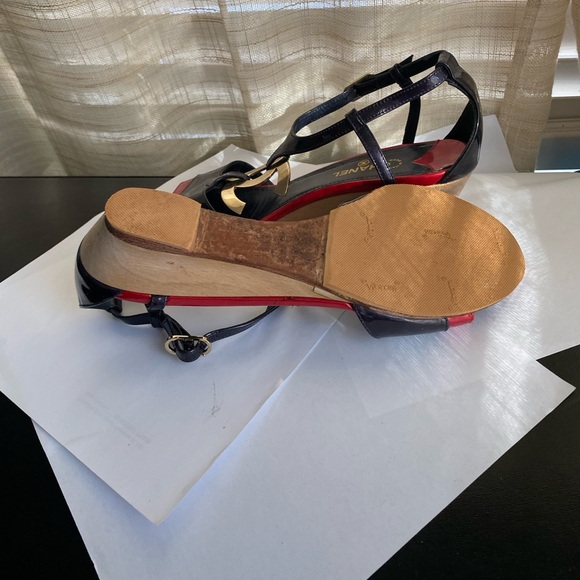 Chanel Black Red wedge Sandals patent leather CC logo slingback slides slip ons - Picture 6 of 9